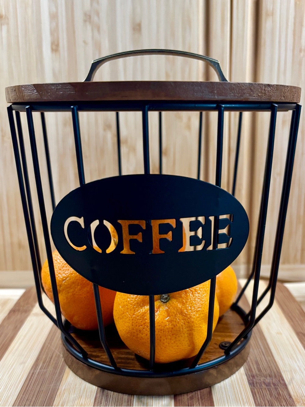 "Coffee" Pod Creamer Metal Wire Storage Organizer Wood Lid w/ Handle